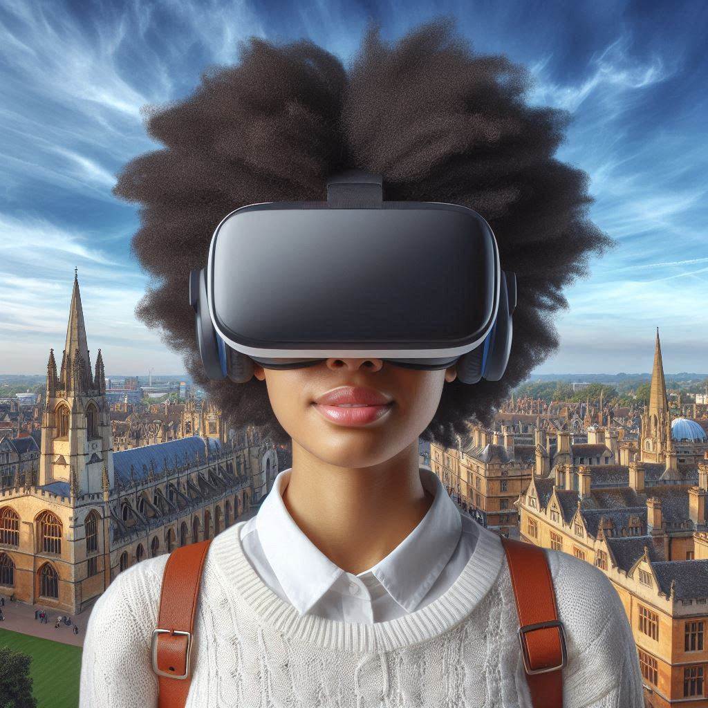 A head and shoulders image of a young Black woman with natural hair wearing a VR headset and positioned in front of the spires of Oxford University